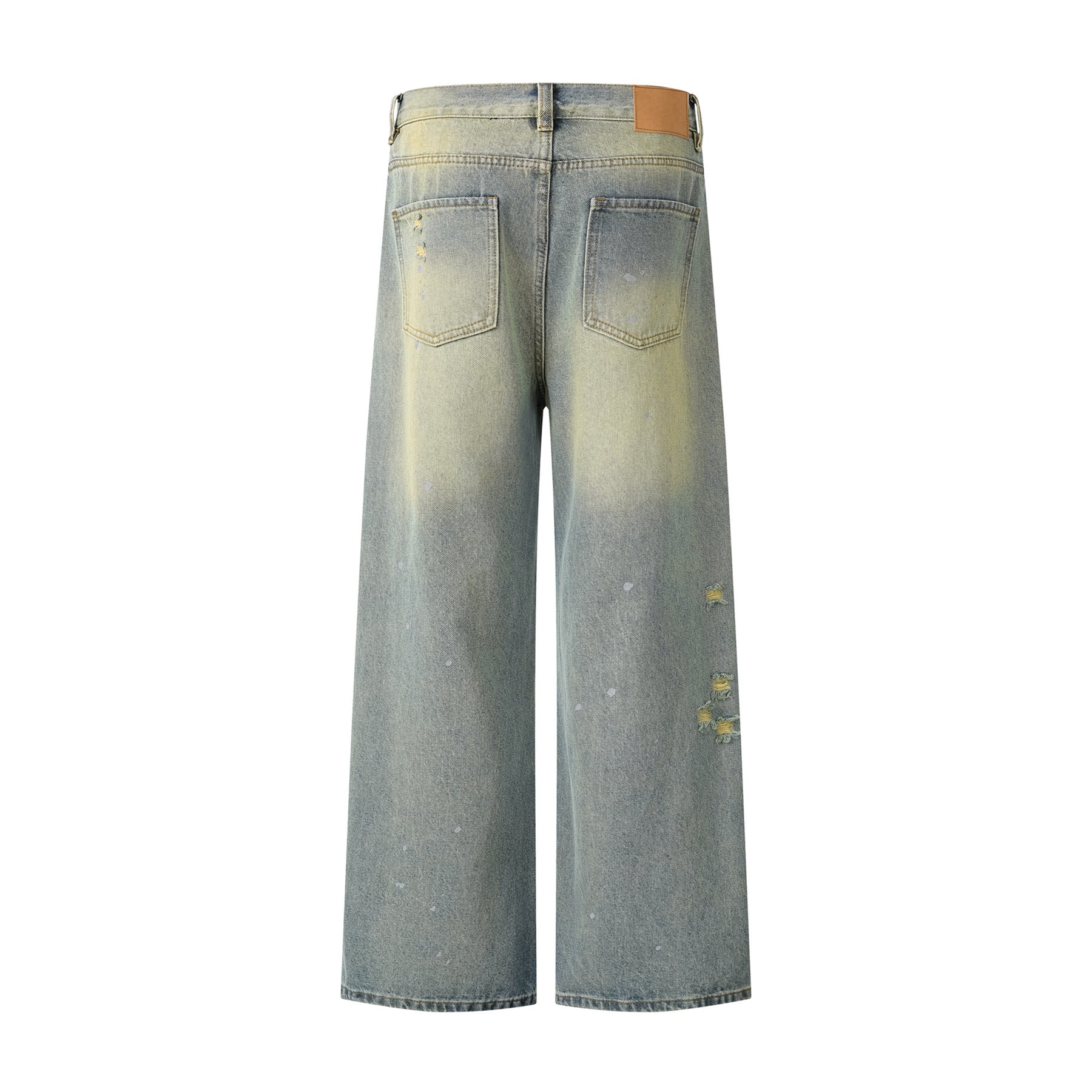 Washed Faded Splatter Hole Denim Pants for Men and Women - Cleanfit Loose Straight Leg Long Pants