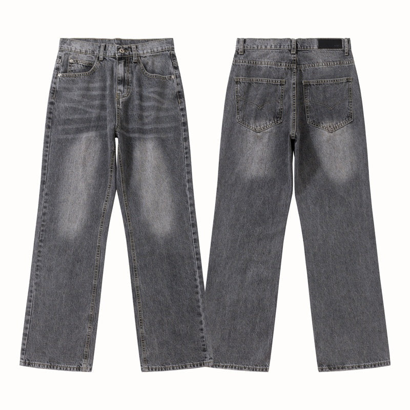 Washed Vintage Smoky Gray Denim Pants - Unisex  Loose Straight Leg All-Match Long Pants