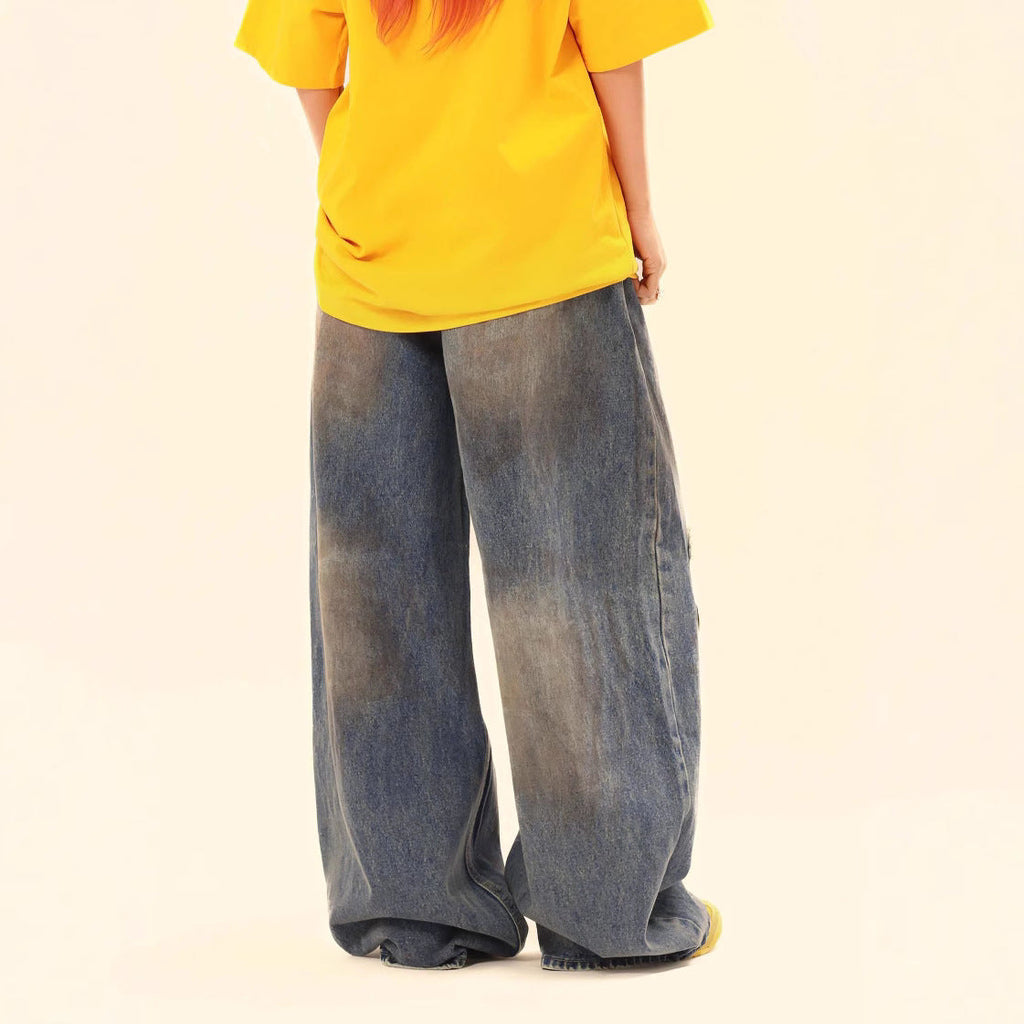 Washed Faded Distressed Denim Pants - Unisex Loose Wide Leg Trousers