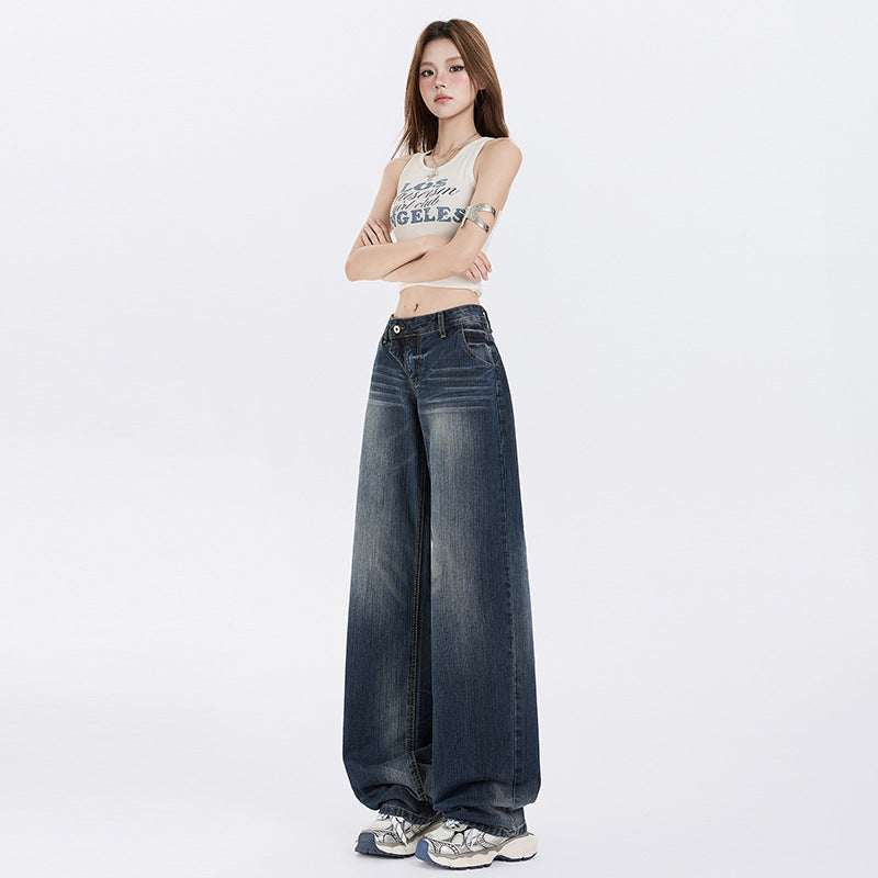 Women's Low Waist Straight Leg Jeans - Summer Water Washed Wide Leg Pants