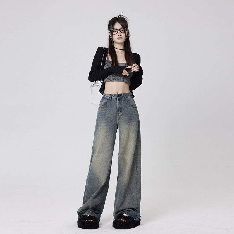 Women's Mid-Waist Loose Washed Wide-Leg Jeans with Floor-Length Pants