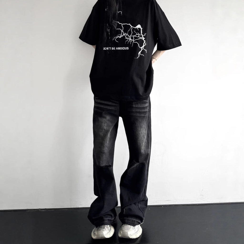 Street Water Washed Vintage Knife-Cut Distressed Denim Pants - Unisex Loose Straight Wide-Leg Long Trousers