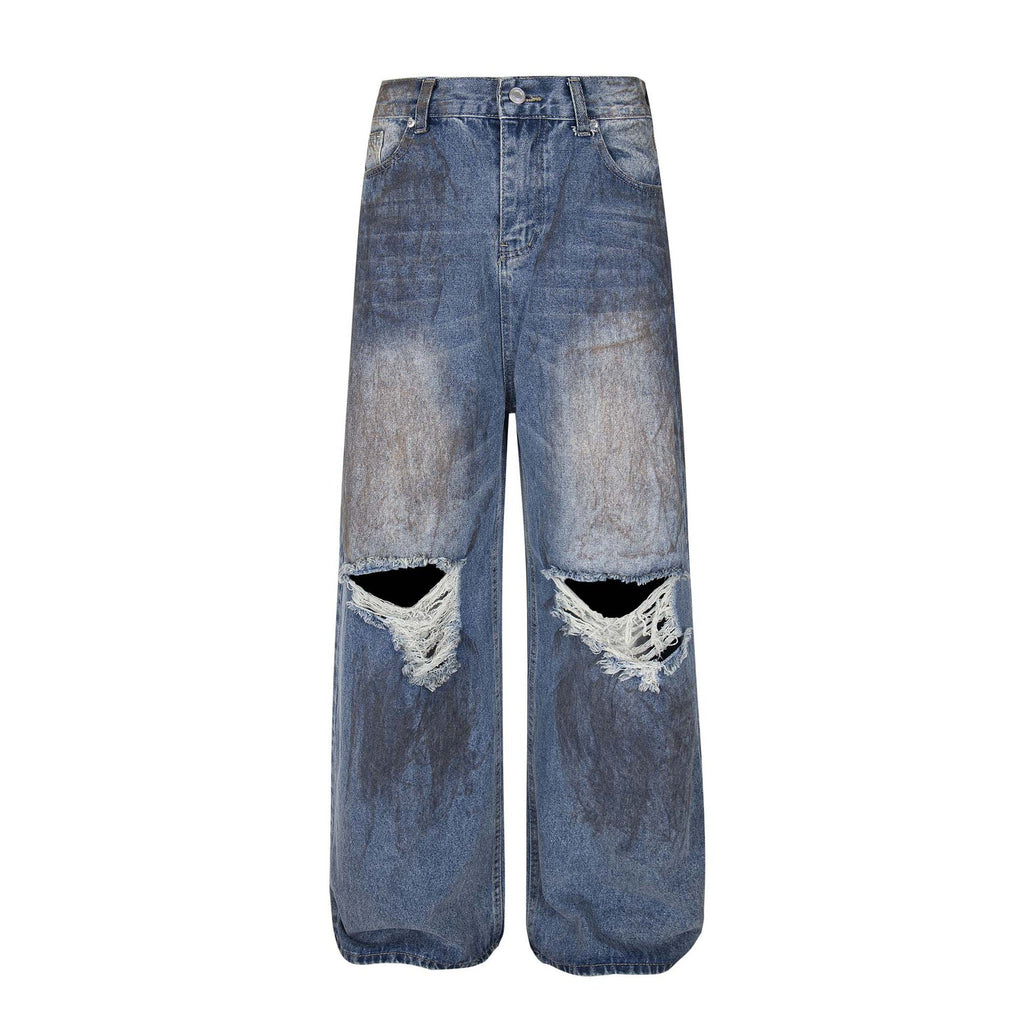 Washed Faded Distressed Denim Pants - Unisex Loose Wide Leg Trousers