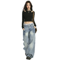 Women's Pleated Wide-Leg Jeans - Low-Waist Straight Leg Slimming Pants