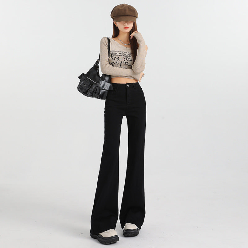 Women's Black Flared Denim Trousers - High Waist Elastic Slimming Wide Leg Pants