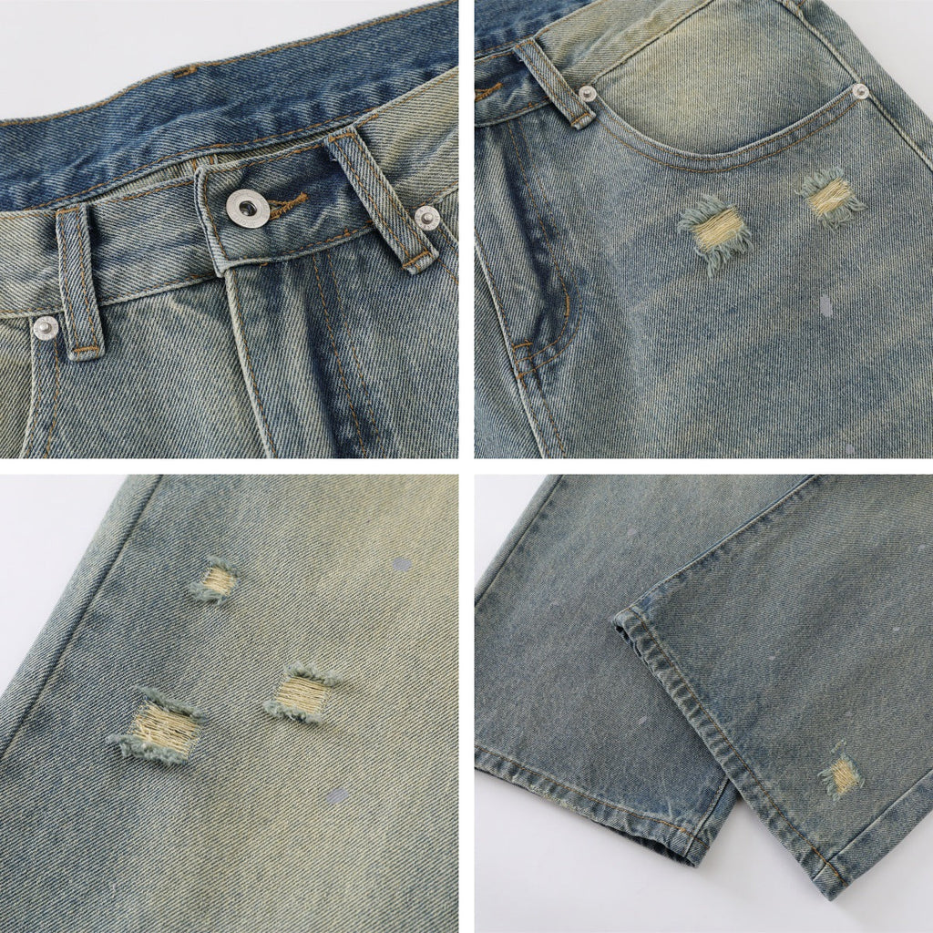 Washed Faded Splatter Hole Denim Pants for Men and Women - Cleanfit Loose Straight Leg Long Pants