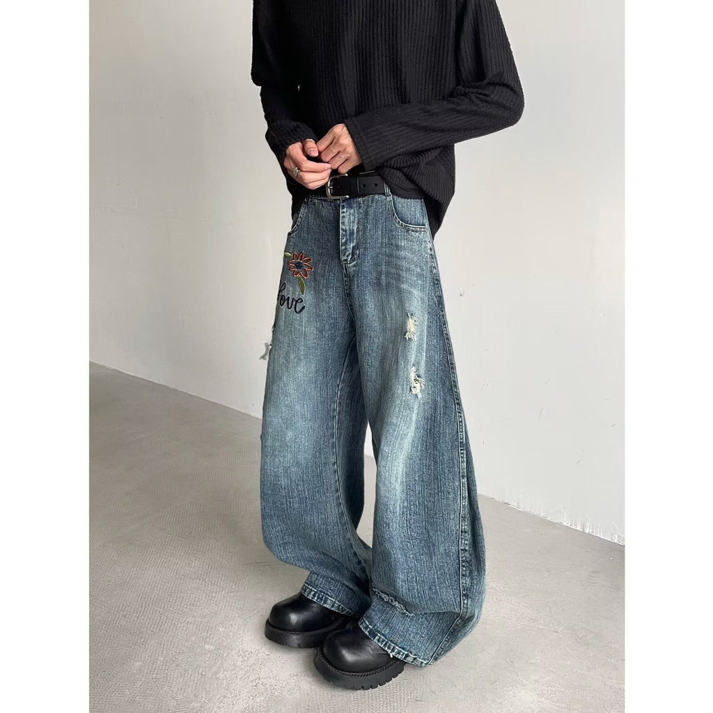 Flower Embroidery Curved Knife Denim Ripped Straight Tube Casual Pants