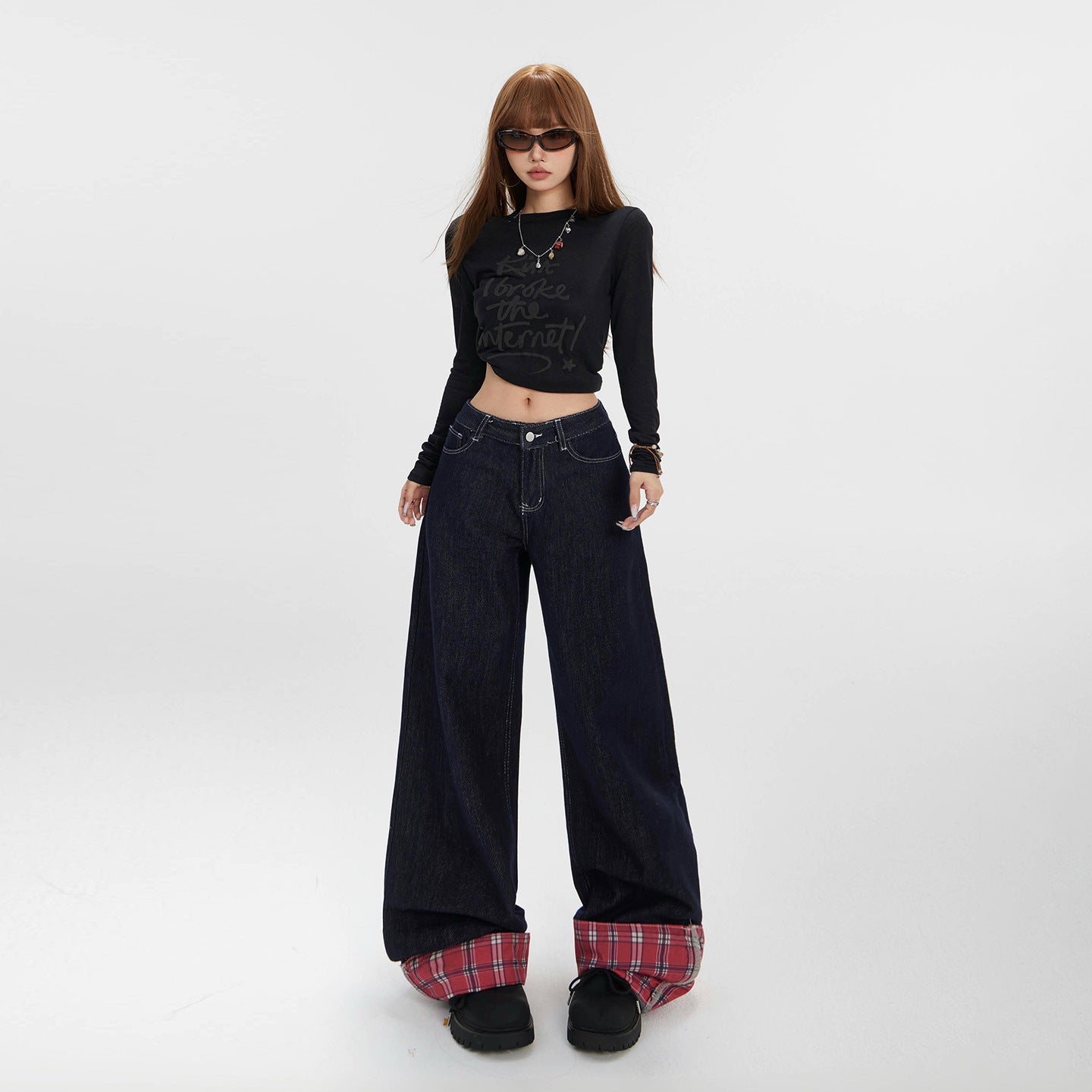 Women's Spliced Mid-Waist Denim Pants - Wide-Leg Straight Loose Trousers
