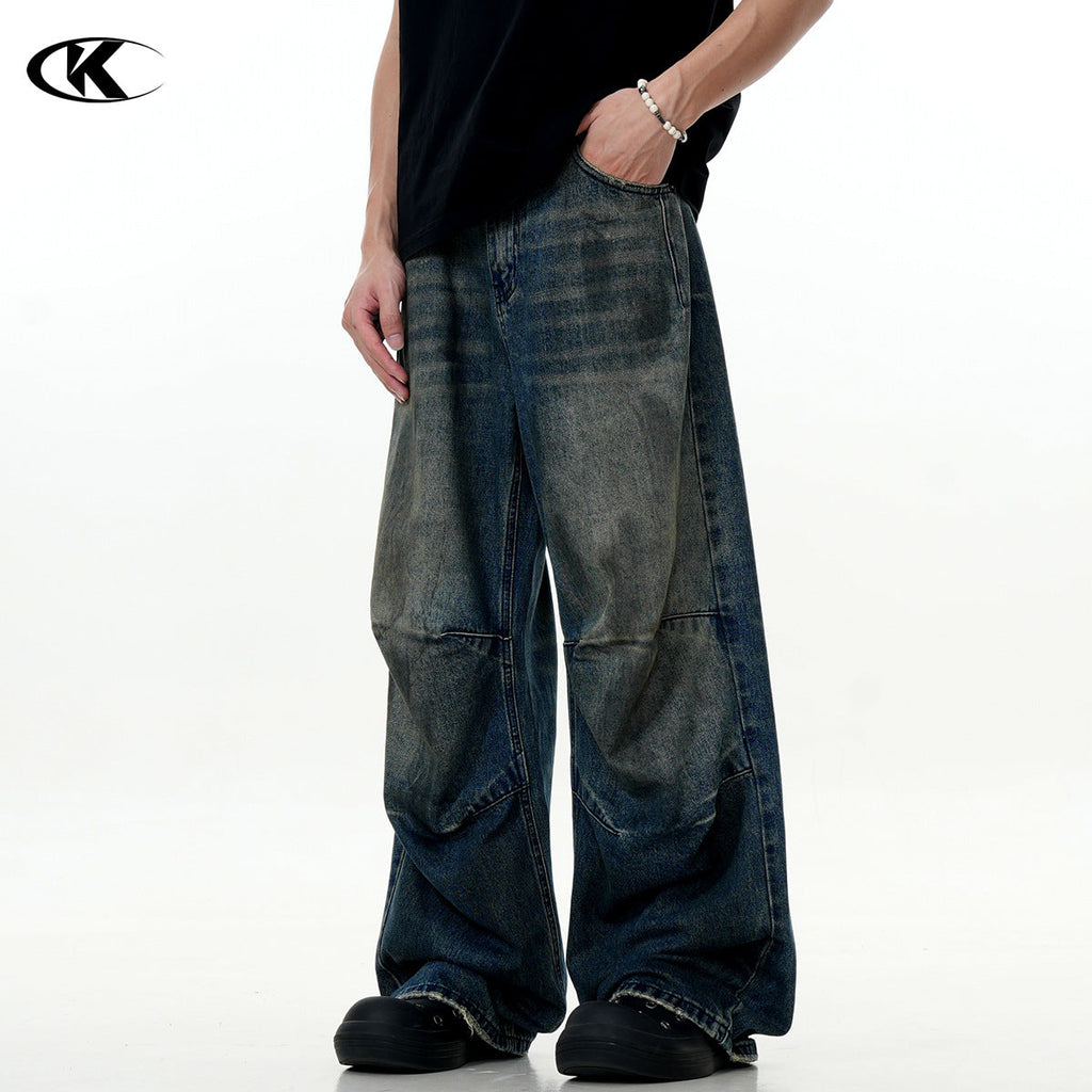 Distressed Pleated Denim Pants for Men and Women - Casual Wide-Leg Design