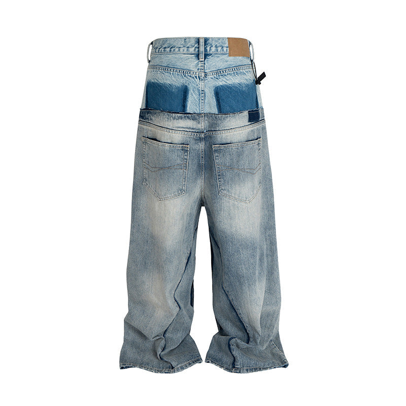 American High Street Design Double Layer Spliced Baggy Denim Trousers for Men