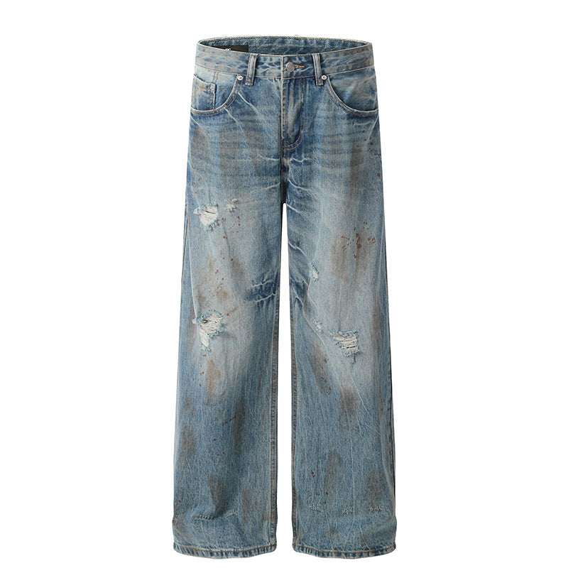 Ripped Denim Loose Straight Leg Wide Leg Curved Knife Pants