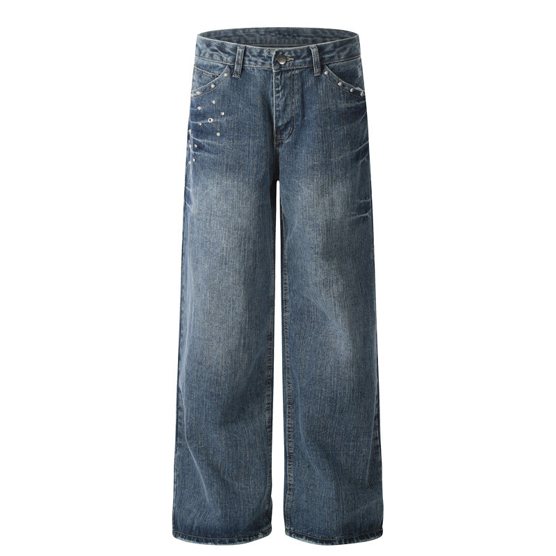 Street Retro Rivet Lightning Denim Pants - Unisex Loose Fit Trousers