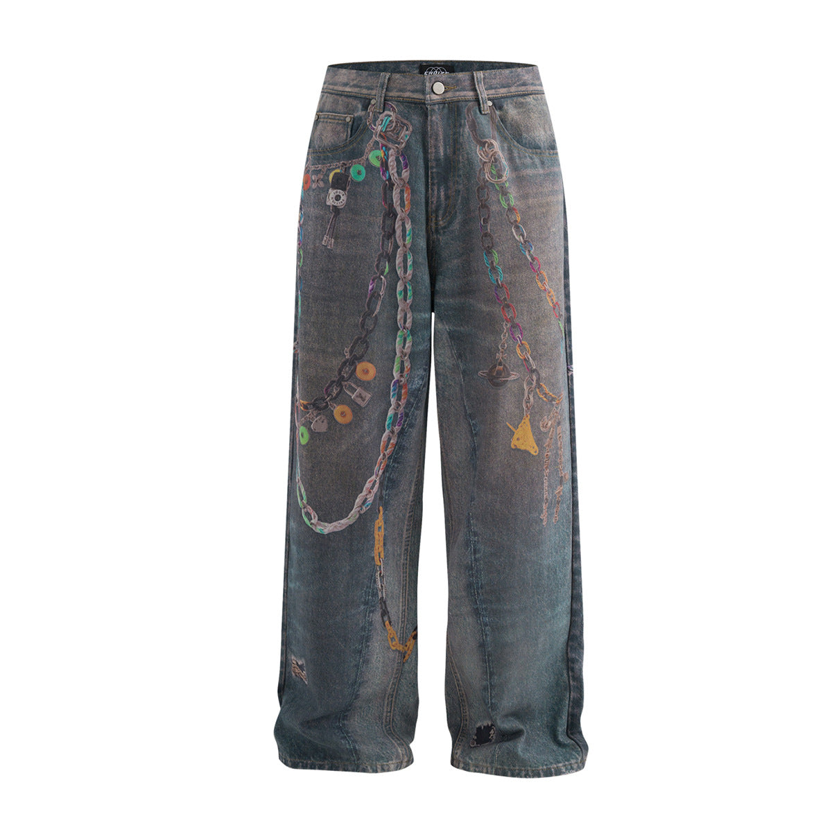 High Street Waste Soil Feng Shui Wash 3D Printed Wide Leg Jeans