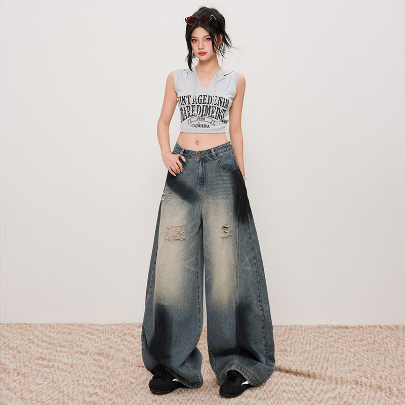 Women's Distressed Slash Denim Pants - Vintage Loose Wide Leg Trousers