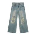 High Street Distressed Hole Fringe Wide Leg Loose Straight Floor-Length Versatile Jeans for Men