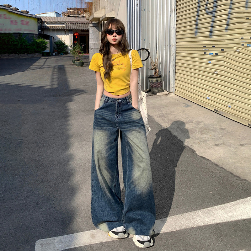 Women's Wide-Leg Jeans - Low-Waist Loose Washed Straight Pants