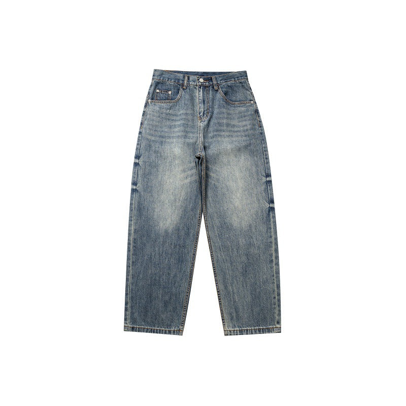 Floral Washed Cat Whiskers Denim Loose Straight Leg Casual Wide Leg Pants