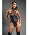 Domina Sheer Mesh Halter Teddy w/Wet Look Cinch Waist & Zipper Crotch - Black M/L