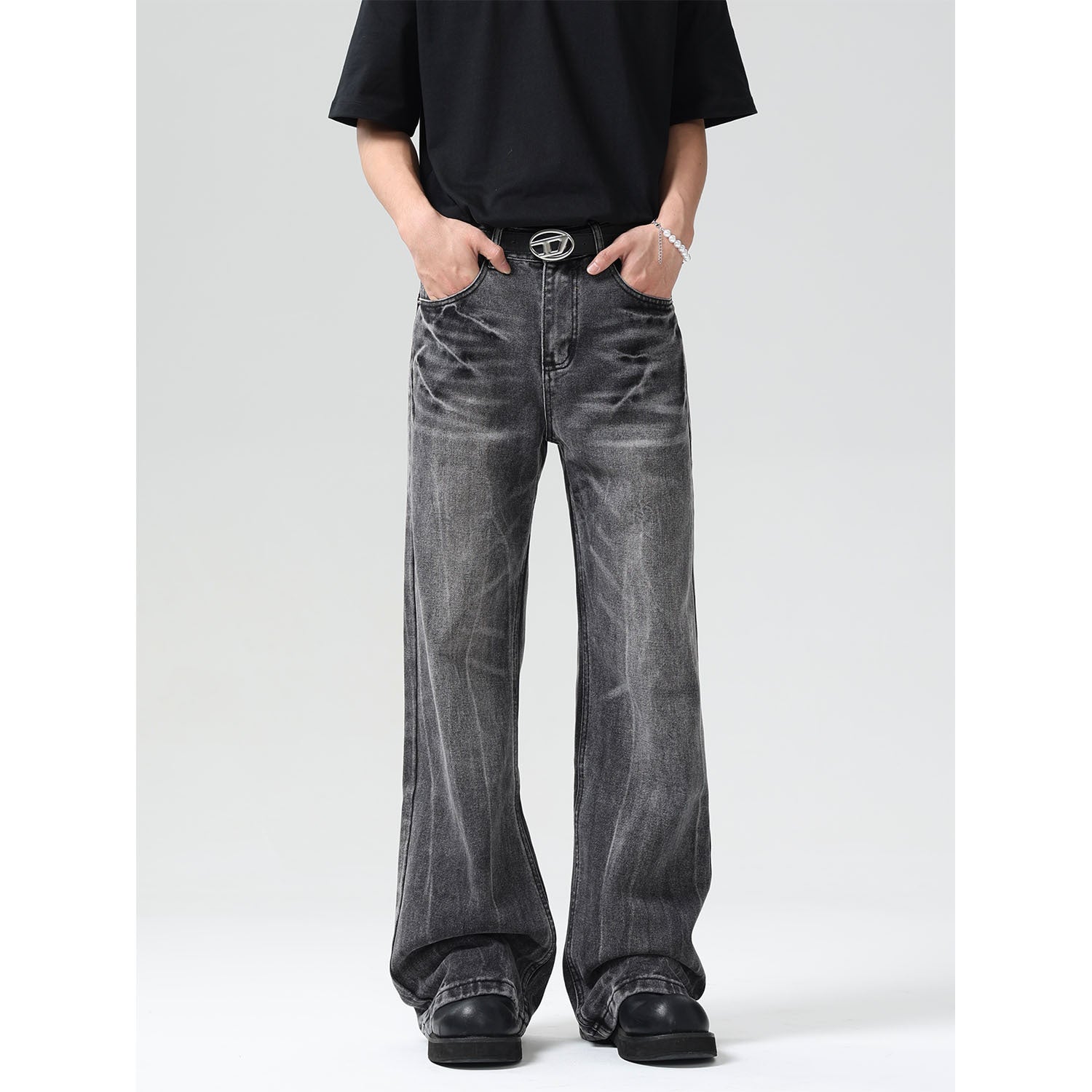 Washed Wide Leg High Street Denim Men's Loose Straight Leg Pants