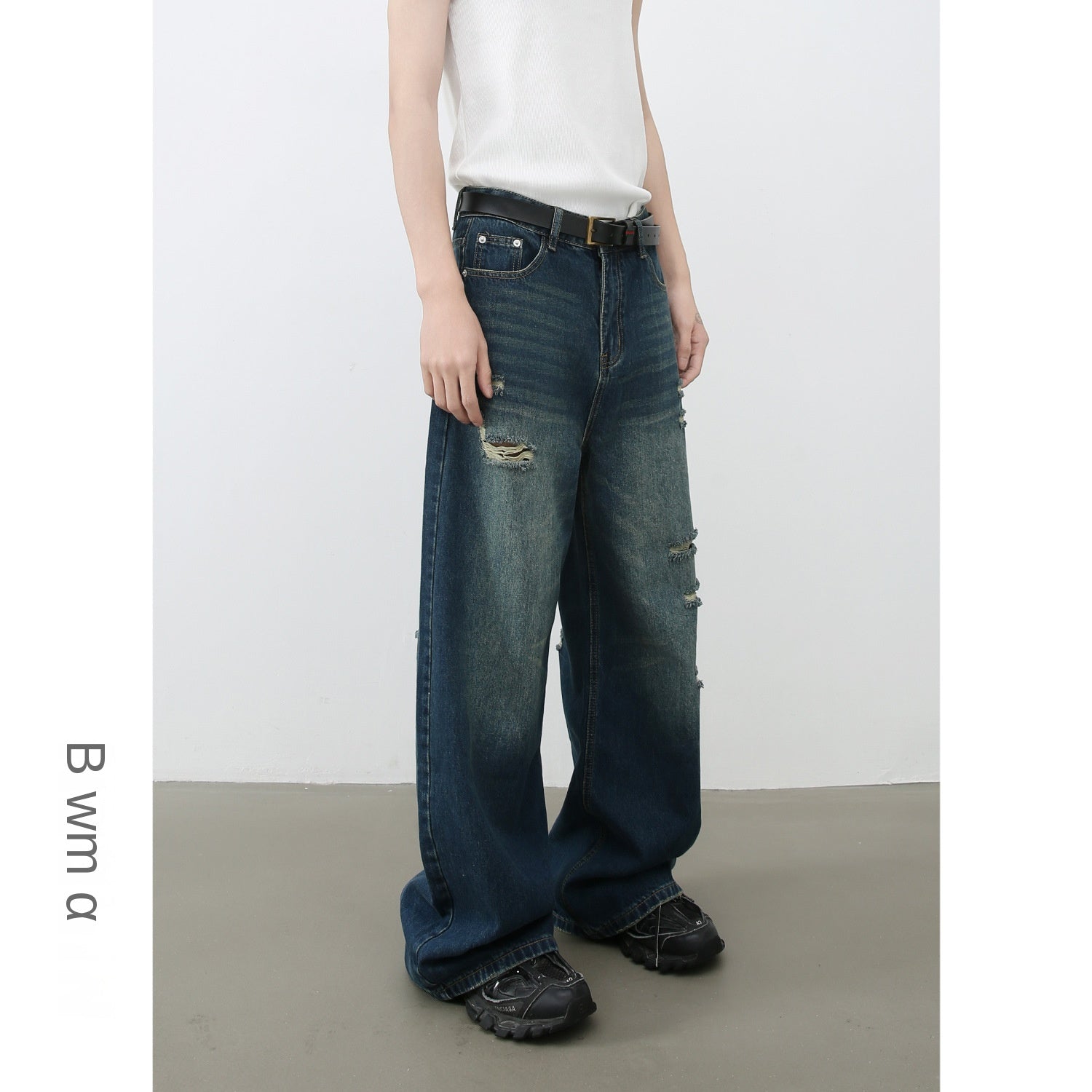 Wide-Leg Distressed Denim Trousers for Men - Loose Straight Vintage Floor-Length Pants
