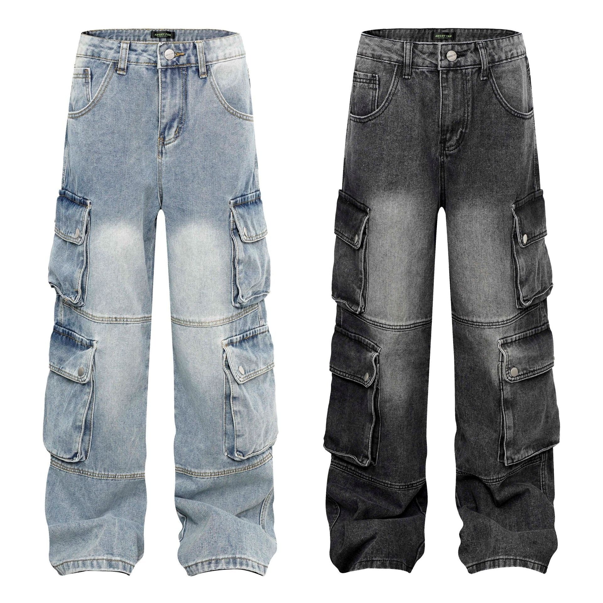 High Street Washed Vintage Multi-Pocket Denim Work Pants - Unisex Loose Wide-Leg Tactical Trousers