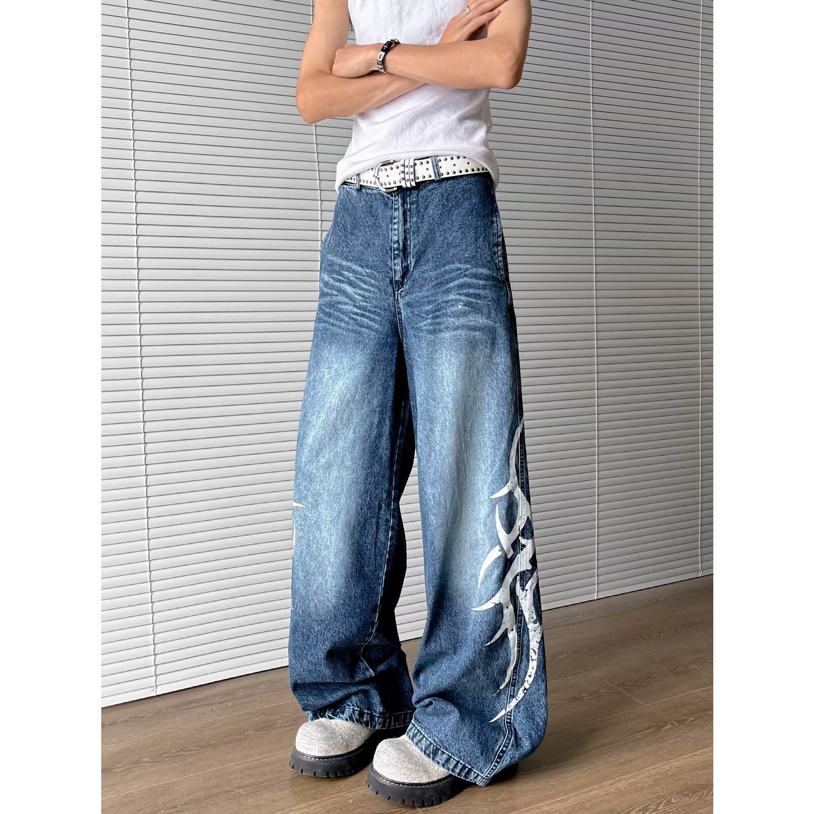 Washed Totem Print Loose Straight Leg Denim Retro Wide Leg Casual Pants