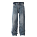 Blue Flared Denim Pants for Men and Women - Simple Clean Fit with Gathered Loose Straight Leg