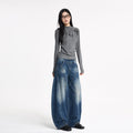 Women's Knife-Leg Jeans with Whiskers - Loose Casual Wide-Leg Pants
