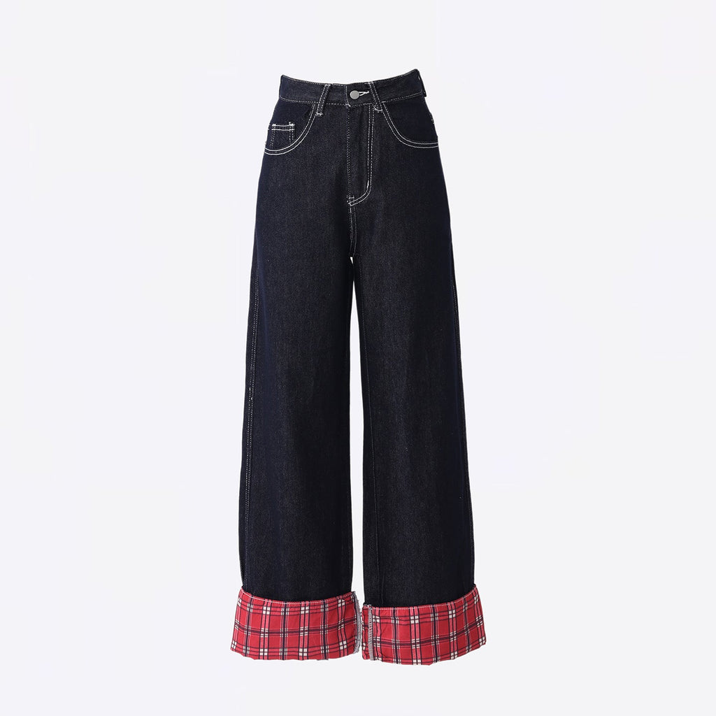 Women's Spliced Mid-Waist Denim Pants - Wide-Leg Straight Loose Trousers