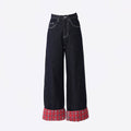 Women's Spliced Mid-Waist Denim Pants - Wide-Leg Straight Loose Trousers