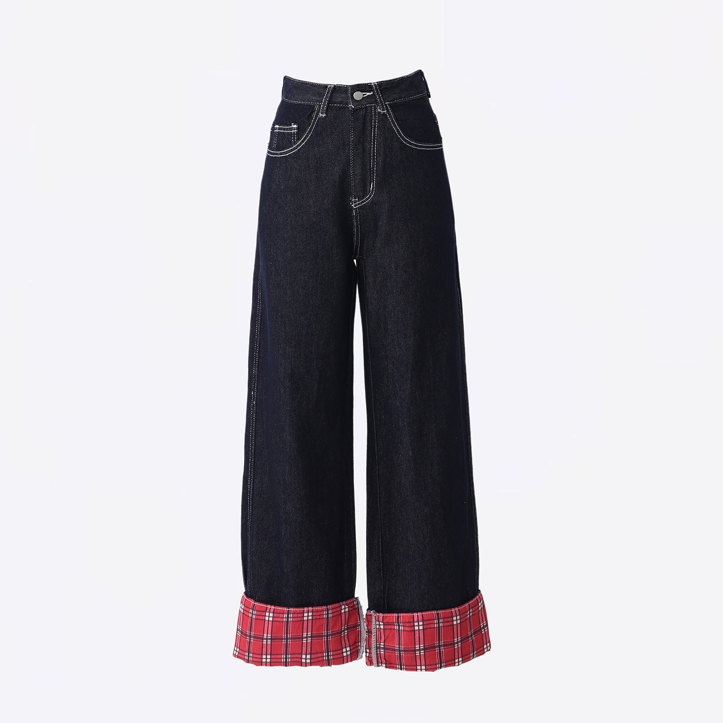Women's Spliced Mid-Waist Denim Pants - Wide-Leg Straight Loose Trousers