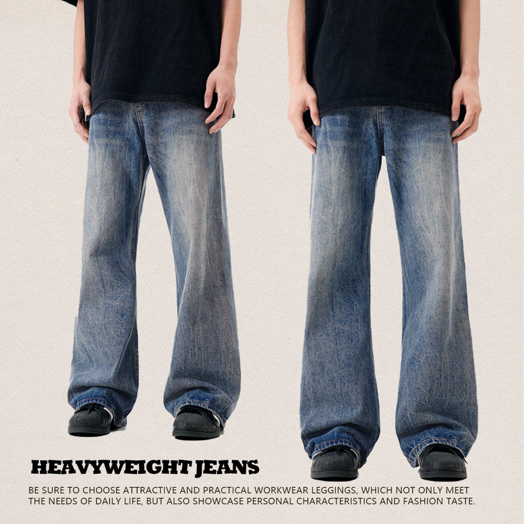 Blue Flared Denim Pants for Men and Women - Simple Clean Fit with Gathered Loose Straight Leg