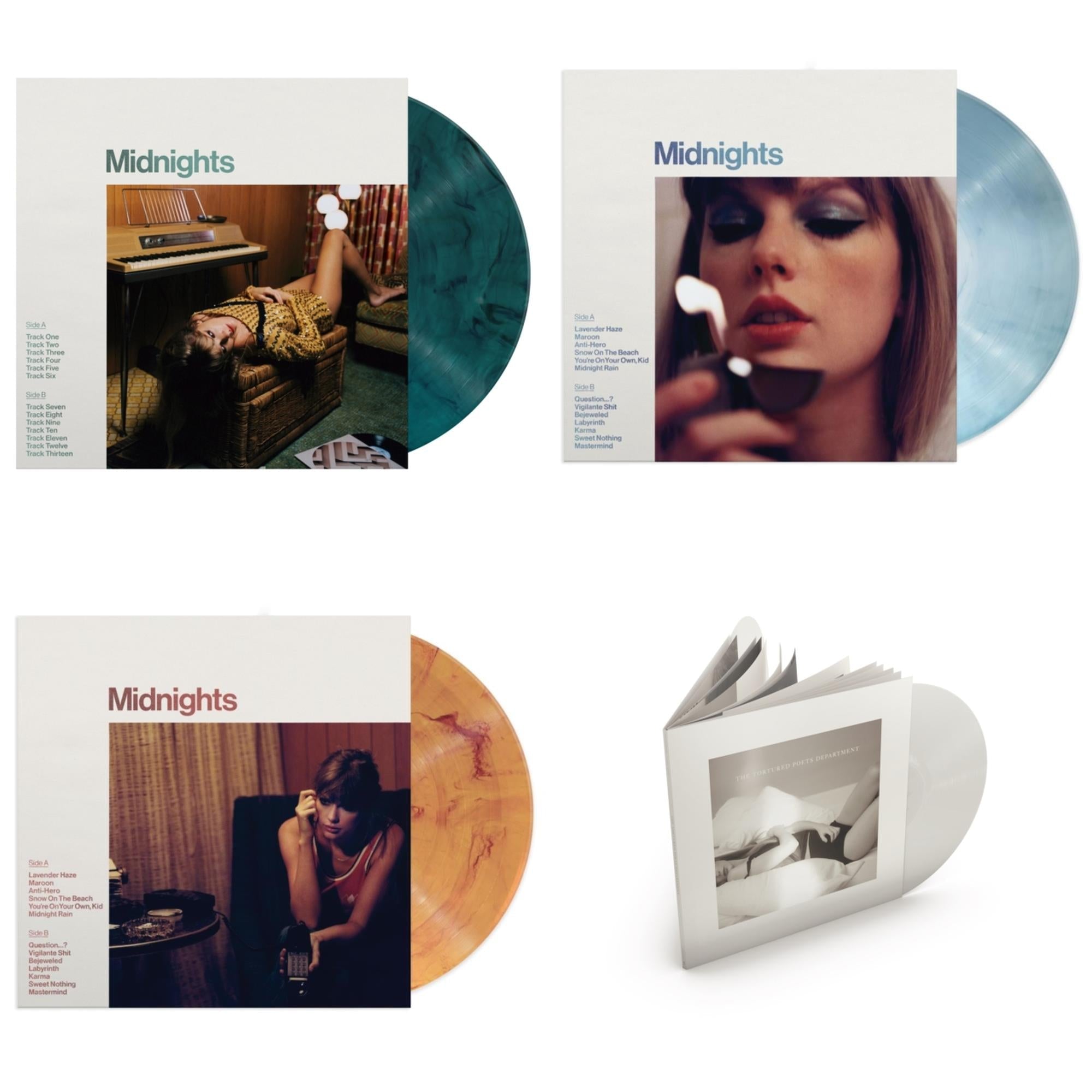 Midnights (X) (Moonstone Blue LP Vinyl) & Midnights (X) (Jade Green LP Vinyl) & Midnights (X) (Blood Moon LP Vinyl) & Tortured Poets Department (X) (Ghosted White Vinyl/2LP/Manuscript- Bonus Track)