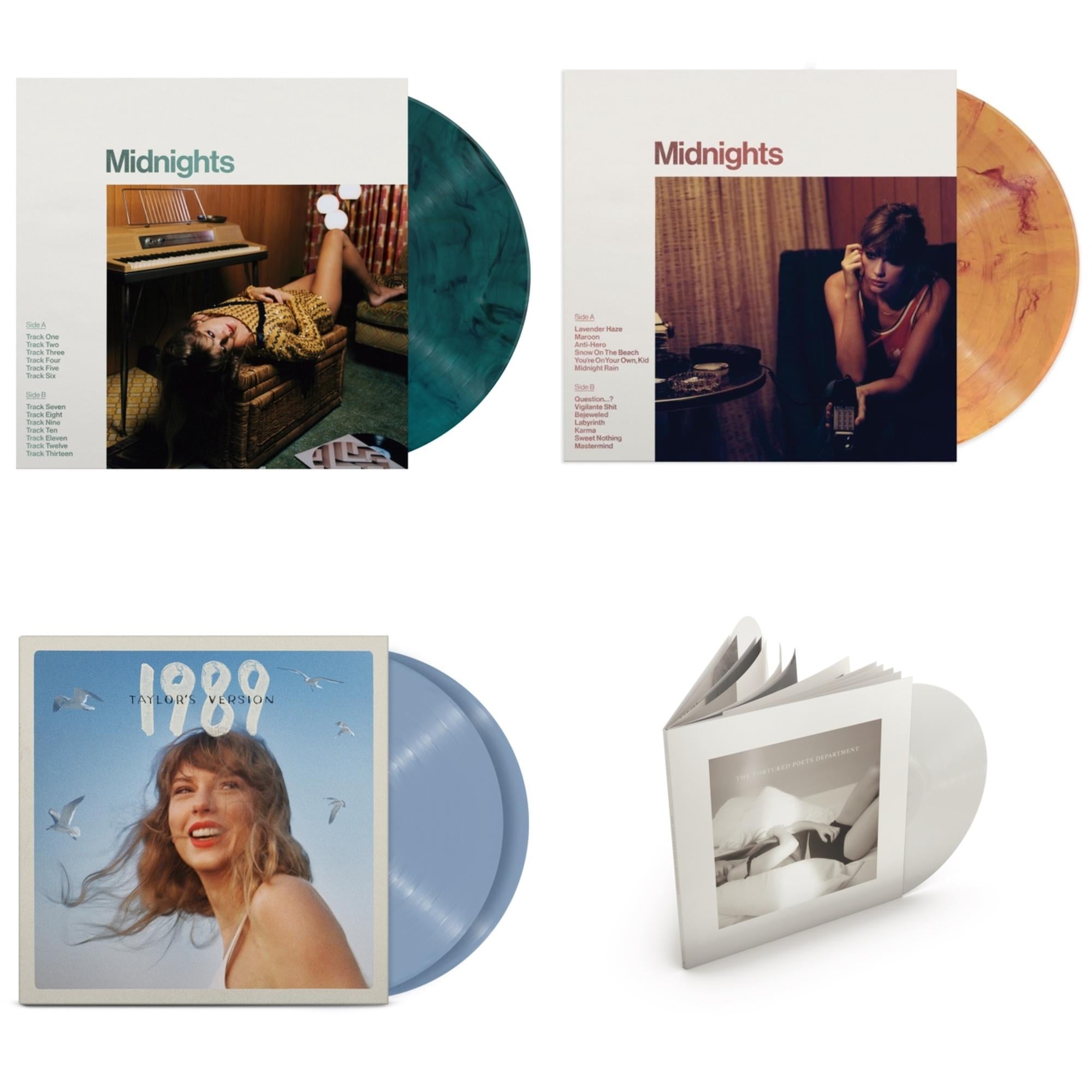 Midnights (X) (Jade Green LP Vinyl) & Midnights (X) (Blood Moon LP Vinyl) & 1989 (Taylor's Version) (2LP/Crystal Skies Blue Vinyl) & Tortured Poets Department (X) (Ghosted White Vinyl/2LP/Manuscript- Bonus Track)