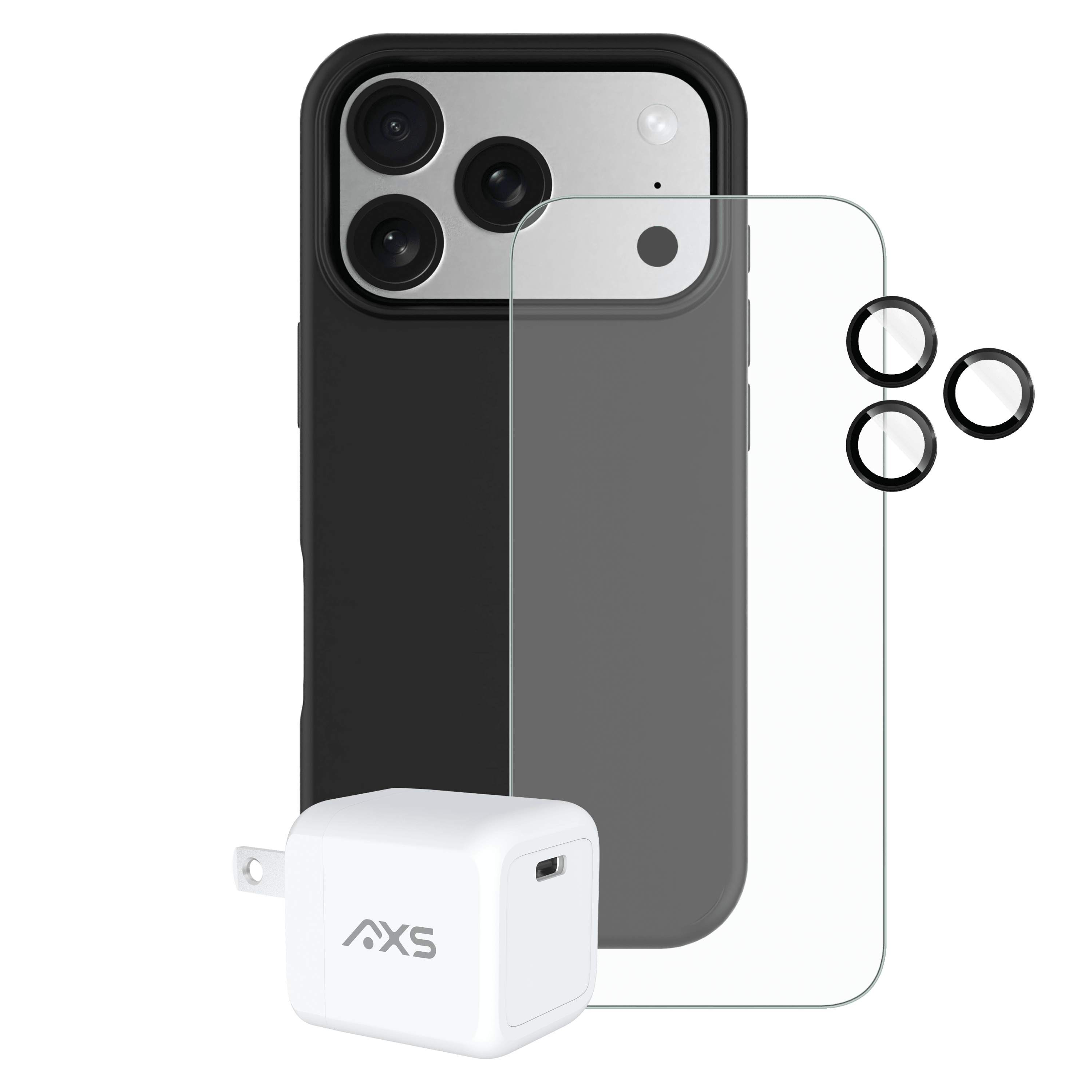 AXS Essential Bundle for iPhone 17 Pro * Pulse MagSafe Case, ArmorGlass Pro Screen Protector, 30W Wall Charger, Camera Lens Pro Screen Protector