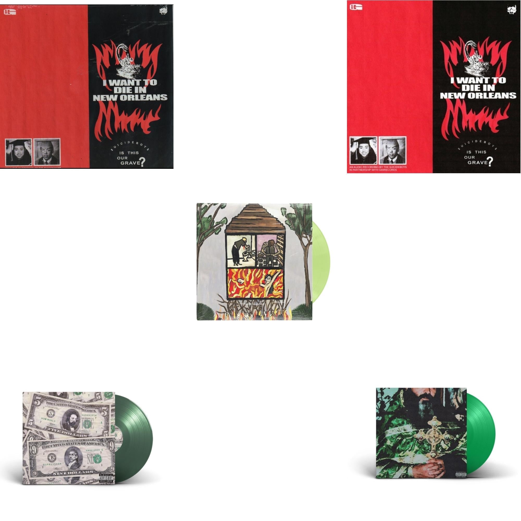 $Uicideboy$ - I Want To Die In New Orleans (Red/Black LP Vinyl) & New World Depression (Coke Bottle LP Vinyl) & Long Term Effects Of Suffering (Glow Green LP Vinyl) & I Want To Die In New Orleans (Silver LP Vinyl) & Sing Me A Lullaby My Sweet