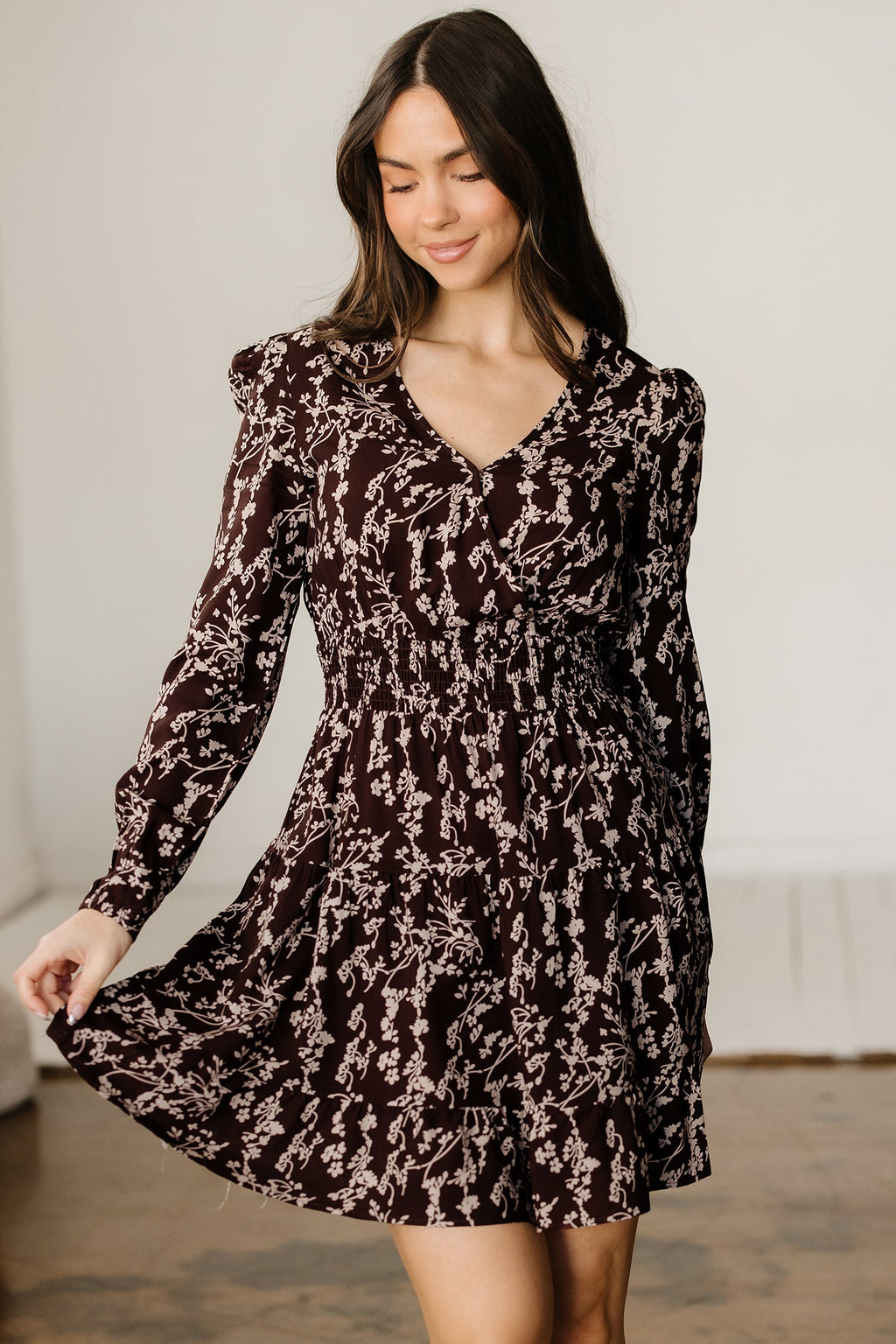 Brown Ditsy Floral Print Split Neck Long Sleeve Shirred Waist Flared Mini Dress