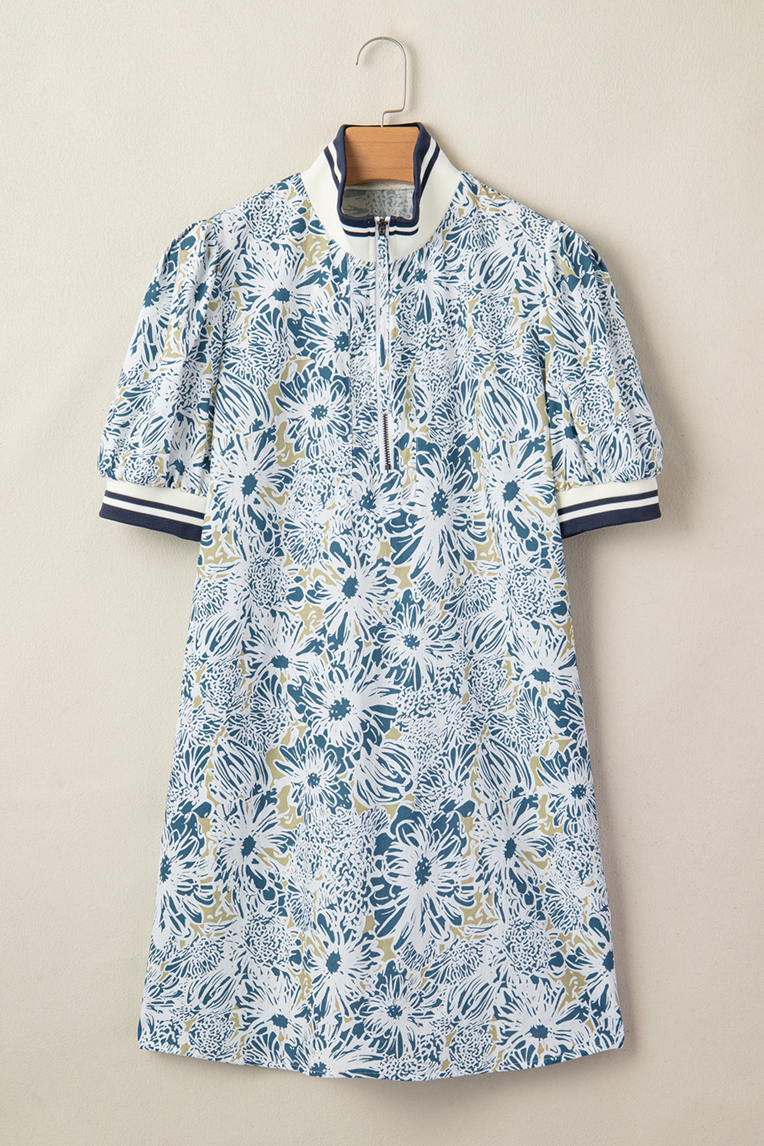 Floral Stripe Patchwork Collared Short Sleeve Mini Dress