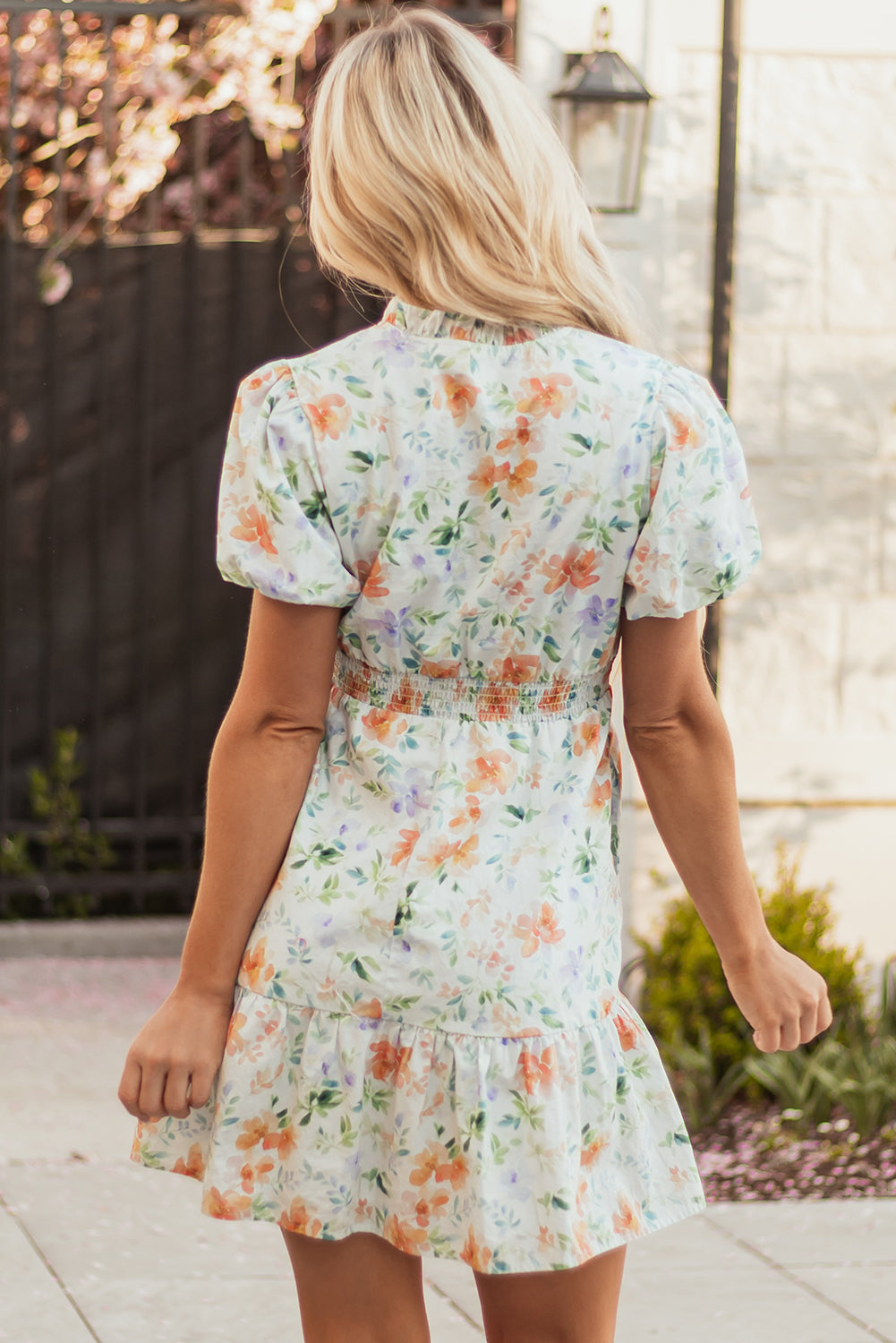 Floral Shirred High Waist Puff Sleeve Dress