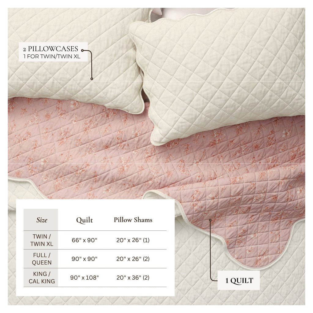 Floral Print & Scallopeded Edge Cotton Quilt Set - Sandie Collection